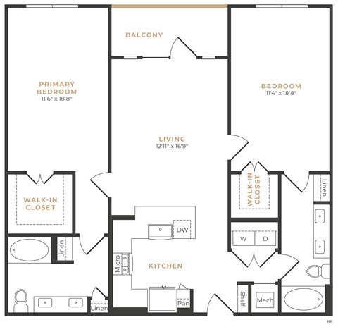 Floor plan for 2 beds, 2 baths, 1288 sqft